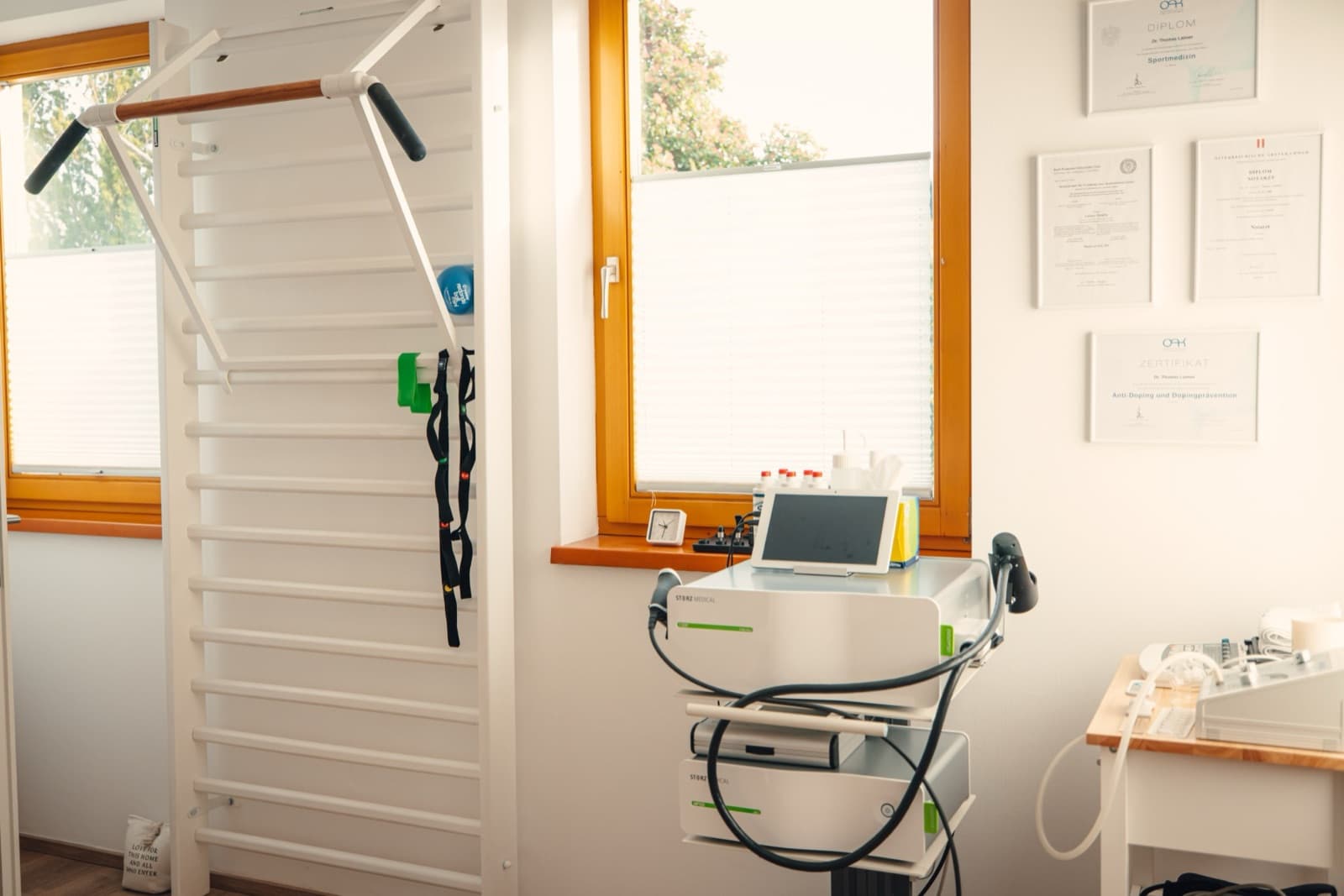 Therapieraum mit Stoßwellengerät, Sprossenwand und Diplomen an der Wand