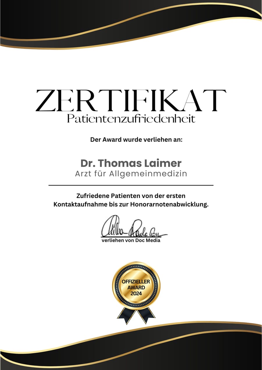 Zertifikat Patientenzufriedenheit, Offizieller Award 2024, verliehen an Dr. Thomas Laimer